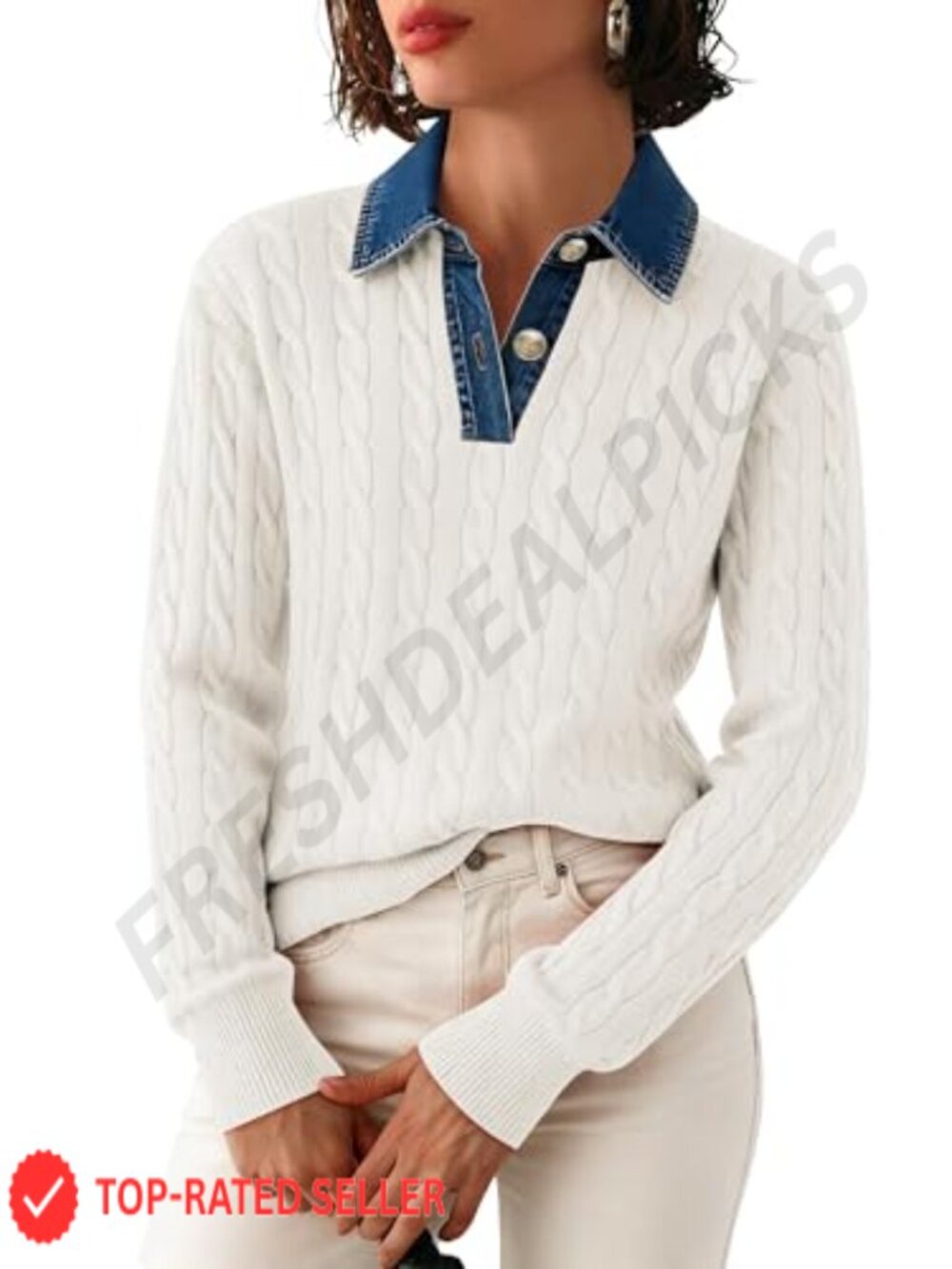 Cable Knit Denim Lapel V-Neck Button Pullover Sweater Loose